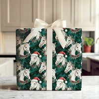 Equestrian Wreath Santa Gift Wrap, White Horse Christmas Wrapping Paper, Evergreen Holiday Horse Wrapping Paper, Festive Horse Gift Wrap