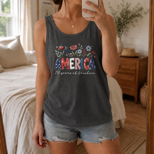 America 250 Years Of Freedom Tank Top | Patriotic Floral Graphic | Breathable Unisex Tee | 4th Of July Independence Day Gift