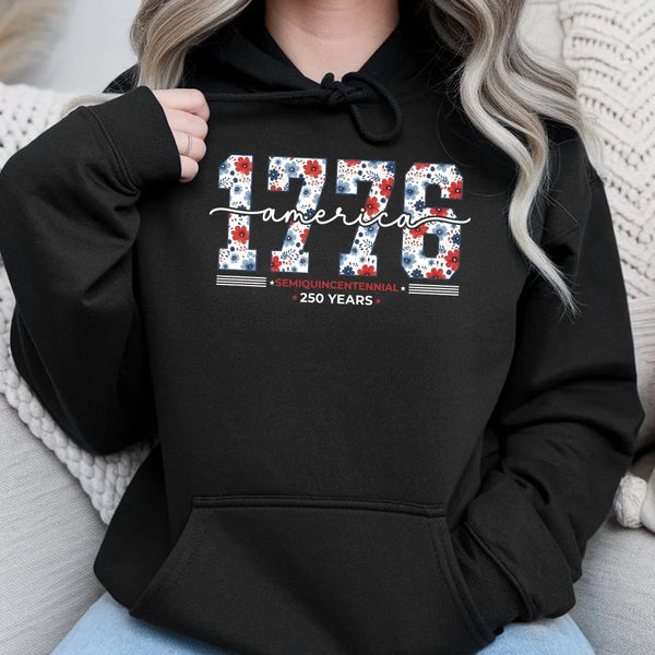 America 1776 Hoodie | Semiquincentennial 250 Years Floral Patriotic Design | Premium Cotton-Polyester Blend | Gift for American History Lovers