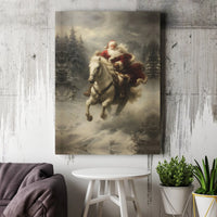 Snowy Winter Forest Canvas Print, Santa Claus with White Horse Canvas Art, Majestic Christmas Canvas Wall Art