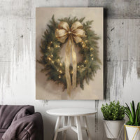 Holiday Fairy Lights Canvas Print, Christmas Wreath Gold Bow Canvas Wall Art, Winter Botanical Wall Decor, Digital Download Holiday Art Present