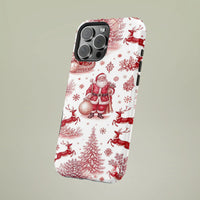 Red Toile Reindeer Phone Case, Vintage Santa Christmas Phone Case for iPhone, Holiday Snowflake Phone Cover, Dual Layer Tough Case for Her