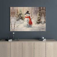 Red Scarf Forest Scene Print, Winter Snowman Canvas Wall Art, Christmas Holiday Canvas Wall Decor, Printable Digital Download Artwork