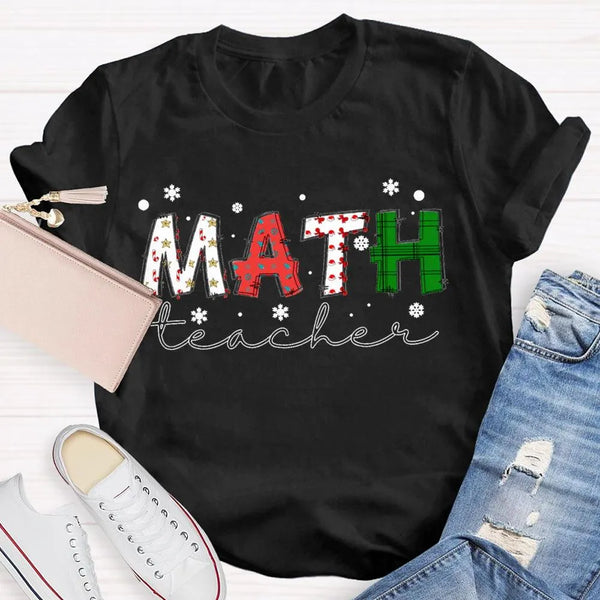 Colorful Snowflake Holiday Font Shirt, Math Teacher Christmas T-Shirt, Adorable Mathematics Educator Graphic Tee, Xmas Teache