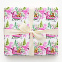 Pink Sleigh Dog Gift Wrap, Dachshund Christmas Wrapping Paper, Watercolor Weiner Dog Wrapping Paper, Festive Puppy Holiday Gift Wrap Roll