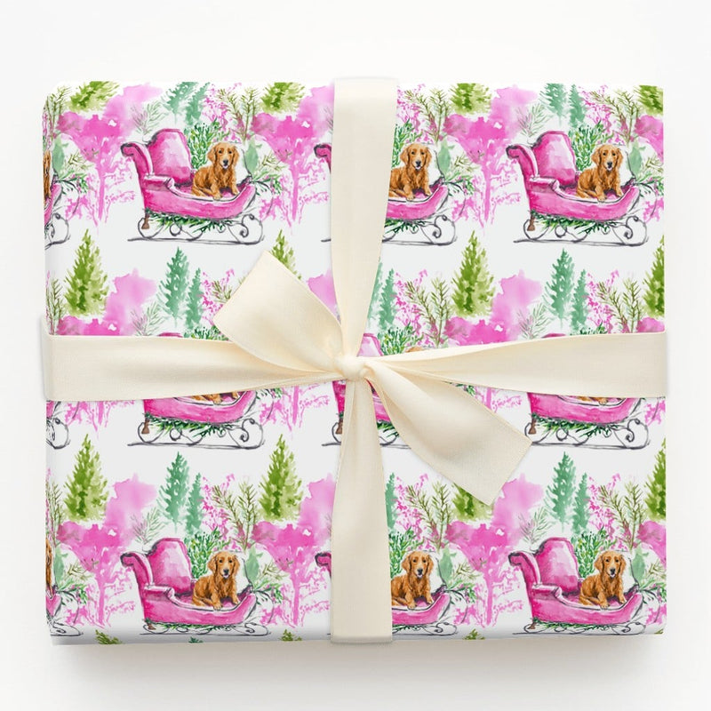 Pink Sleigh Dog Gift Wrap, Dachshund Christmas Wrapping Paper, Watercolor Weiner Dog Wrapping Paper, Festive Puppy Holiday Gift Wrap Roll