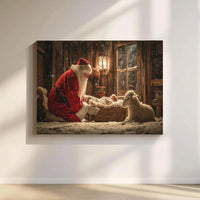 Christian Nativity Scene Canvas Print, Santa at Manger Canvas Wall Art, Religious Christmas Wall Art, Holiday Home Decor, Faith Based Present