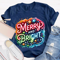 Colorful Retro Holiday Graphic Tee, Merry and Bright Tie Dye Christmas Shirt, Rainbow Xmas T-Shirt, Matching Holiday Outfit