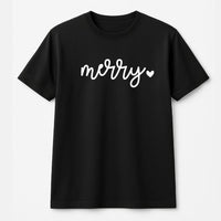 Minimalist Holiday Graphic Tee, Merry Christmas Script Heart T-Shirt, Adorable Festive Xmas Tree Shirt, Winter Family Matching Apparel