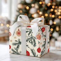 Vintage Pine Branch Gift Wrap, Red Ornament Wrapping Paper, Cream Christmas Snowflake Wrapping Paper, Retro Holiday Present Wrapping Paper