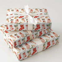 Watercolor Festive Holiday Gift Wrap, Christmas Stocking Wrapping Paper, Adorable Winter Xmas Wrapping Paper, Family Holiday Gift Wrapping Paper