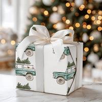 Christmas Tree Truck Gift Wrap, Vintage Teal SUV Wrapping Paper, Watercolor Bronco Holiday Wrapping Paper, Retro Winter Car Gift Wrap Roll