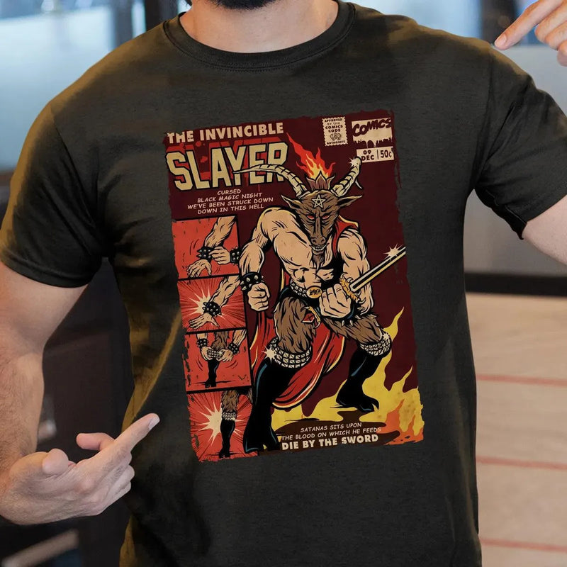 Retro Christmas Horror Graphic Tee, Krampus Slayer Vintage Comic T-Shirt, Creepy Holiday Monster Slayer Shirt, Dark Yuletide Graphic Top