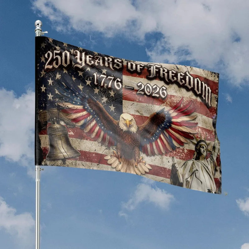 250 Years of Freedom House Flag | Eagle Liberty Bell Statue of Liberty Art | Premium Weather-Resistant Polyester | Patriotic Gift for History Lovers