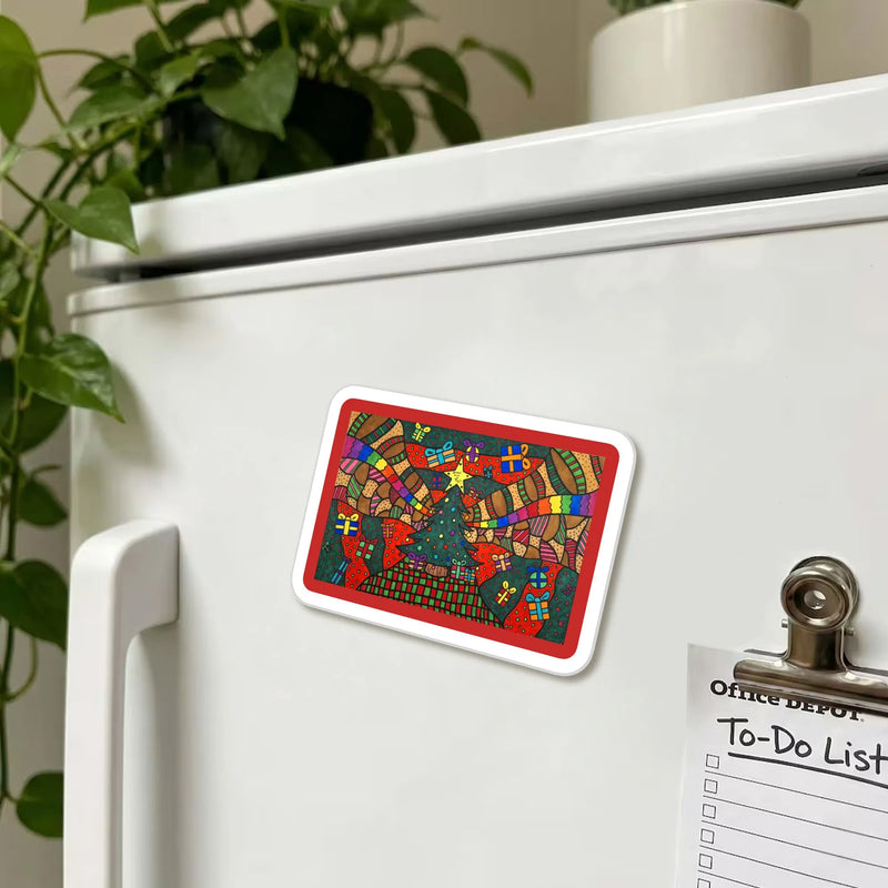Colorful Folk Art Holiday Fridge Magnet, Christmas Tree Magnet, Presents and Stockings Die Cut Decor, Festive Present for Christmas Lovers