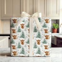 Snowy Pine Christmas Gift Wrap, Highland Cow Wrapping Paper, Scottish Cattle Winter Wrapping Paper, Rustic Farmhouse Holiday Gift Wrap