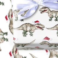 Santa Hat Dinosaur Gift Wrap, Watercolor T-Rex Christmas Wrapping Paper, Adorable Dino Holiday Wrapping Paper, Kids Winter Gift Wrapping Paper
