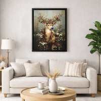 Festive Woodland Stag Holly Berries Painting, Christmas Deer Canvas Wall Art Print, Rustic Winter Deer Decor, Holiday Wall Art Present