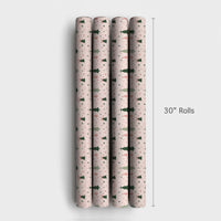 Whimsical Holiday Tree Gift Wrap, Pink and Green Christmas Wrapping Paper, Bows Stars Wrapping Paper, Pastel Xmas Gift Wrapping Paper