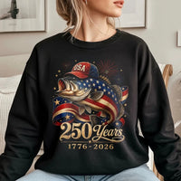 USA Bass Fish Sweatshirt | 250 Years America 1776-2026 Patriotic Design | Soft Cotton Polyester Blend | Gift for Fishing Enthusiasts