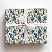 Modern Christmas Tree Gift Wrap, Folk Art Winter Forest Wrapping Paper, Colorful Holiday Present Paper, Illustrated Botanical Gift Wrap Roll