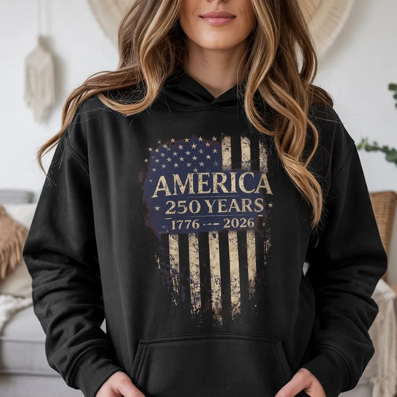 America 250 Years Hoodie | Vintage 1776-2026 Flag Design | Premium Cotton-Polyester Blend | Patriotic Gift for History Lovers