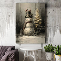 Winter Cardinals Christmas Canvas Print, Vintage Snowman Canvas Wall Art, Rustic Holiday Snowman Canvas Decor, Seasonal Winter Wall Art Present