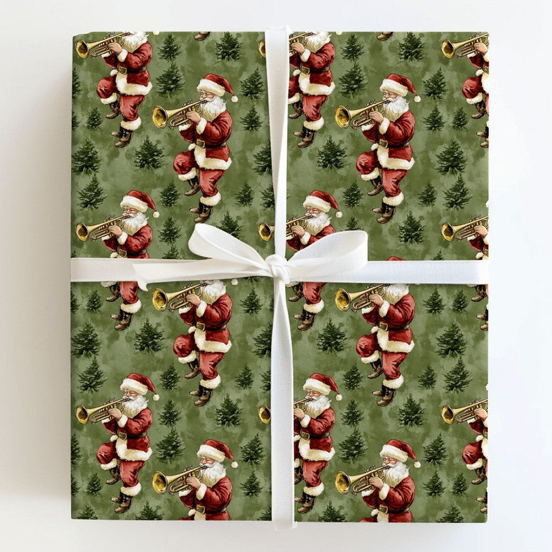 Musical Christmas Wrapping Paper Roll, Vintage Santa Trumpet Wrapping Paper, Sage Green Retro Gift Wrap, Musician Holiday Wrapping Paper
