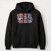 USA 250 Year of Freedom Hoodie | Patriotic Patchwork Quilt Style Design | Cotton-Polyester Blend Comfort | Gift for Americana Fans