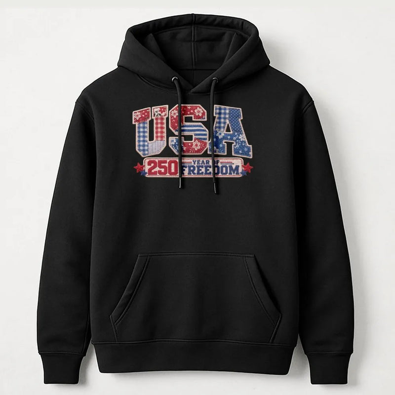 USA 250 Year of Freedom Hoodie | Patriotic Patchwork Quilt Style Design | Cotton-Polyester Blend Comfort | Gift for Americana Fans