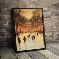 Impressionist City Street Canvas Print, Winter Ice Skating Canvas Art, Comfy Christmas Scene Wall Decor, Seasonal Winter Holiday Canvas Present