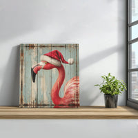 Rustic Wood Tropical Holiday Canvas Wall Art, Christmas Santa Hat Flamingo Canvas Art, Coastal Xmas Print, Pink Flamingo Lover Decor