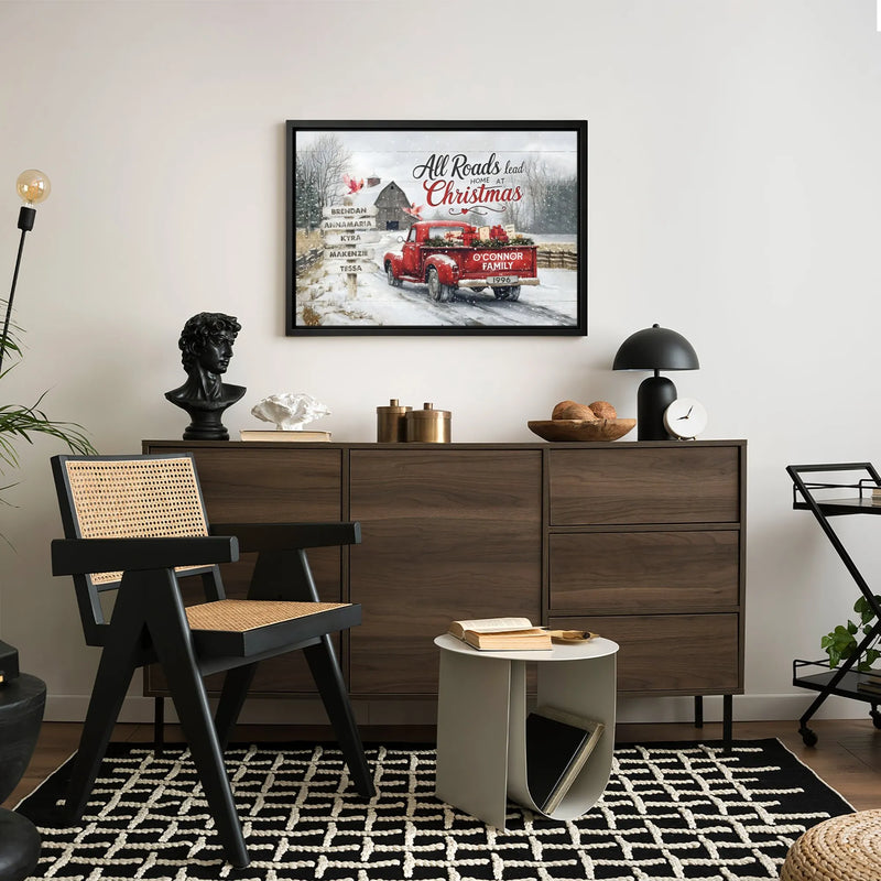 Christmas Cardinals Canvas Wall Art, Custom Family Name Red Truck Canvas, Rustic Holiday Canvas Print, Winter Farmhouse Decor Present