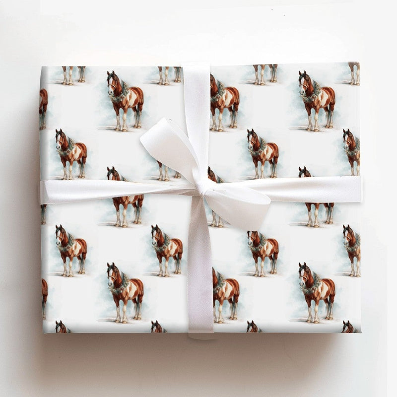 Equestrian Holiday Gift Wrap, Clydesdale Horse Christmas Wrapping Paper, Watercolor Draft Horse Wrapping Paper, Winter Farm Present Wrap