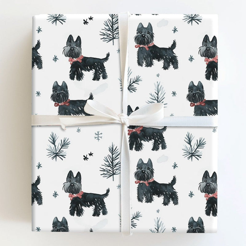 Scottie Christmas Gift Wrap, Scottish Terrier Wrapping Paper, Watercolor Dog Wrapping Paper, Black Scottie Present Wrap, Holiday Dog Paper
