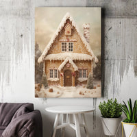 Whimsical Snowy Winter Landscape Canvas, Gingerbread House Christmas Canvas Wall Art, Festive Holiday Canvas Print, Comfy Xmas Wall Decor