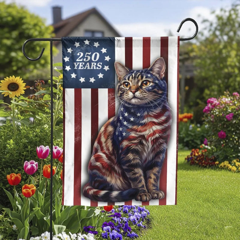 American Flag Cat Garden Flag | 250 Years Patriotic Tabby Cat | Double Sided Polyester | Outdoor Yard Decor Gift for Cat Lovers