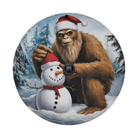 Sasquatch Holiday Tire Cover, Bigfoot Building Snowman Spare Tire Cover, Humorous Winter Scene Wheel Cover, Christmas Present for Bigfoot Fans