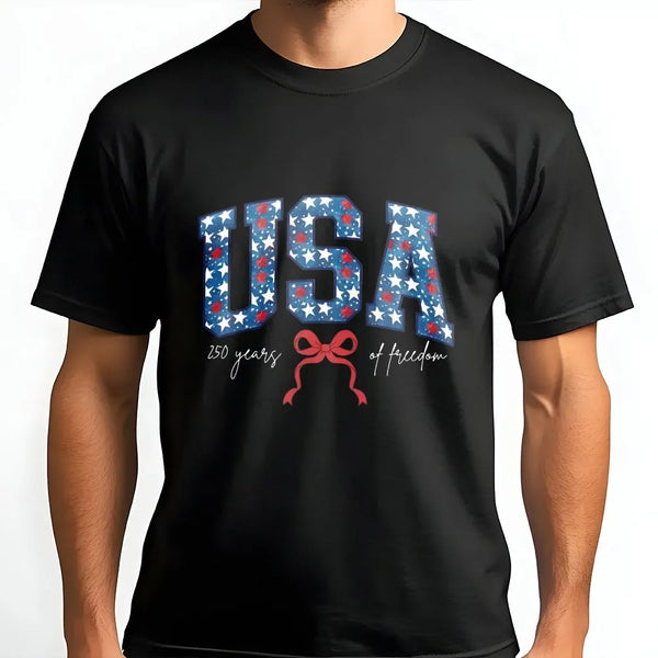 USA 250 Years of Freedom T-Shirt | Patriotic Star-Filled Varsity Leters with Coquette Bow | Soft Breathable Cotton Tee | Gift for July 4th Patriots
