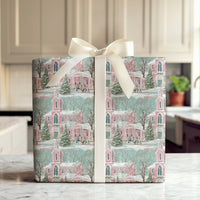 Winter Village Holiday Gift Wrap, Pink Church Christmas Wrapping Paper, Snowy Scenery Christmas Wrapping Paper, Pastel Xmas Gift Wrap