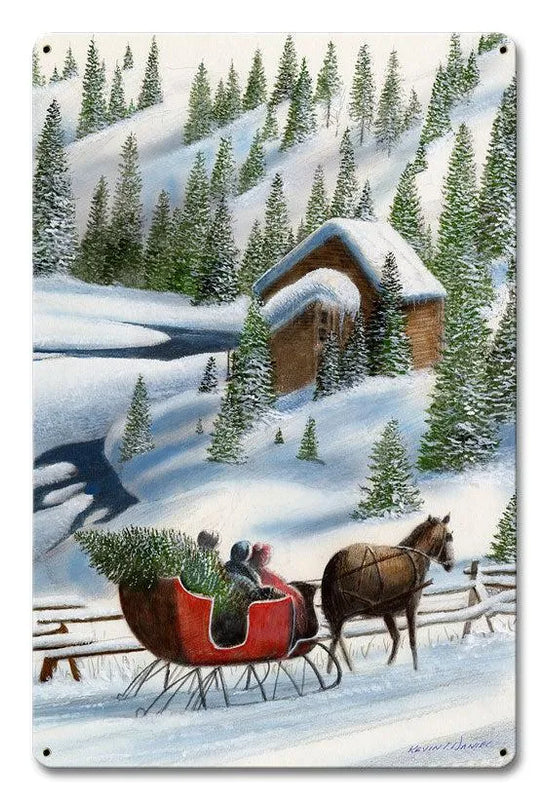 Winter Holiday Metal Wall Art, Vintage Sleigh Pine Trees Metal Sign, Christmas Snowy Metal Decor, Rustic Farmhouse Home Present