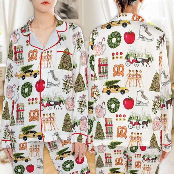 New York City Holiday Pajama Set, NYC Christmas Satin Pajamas, Festive Travel Theme Satin Sleepwear, Winter Nightwear Pajamas