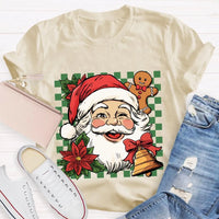 Retro Holiday Graphic Tee, Checkerboard Santa Gingerbread Man Christmas T-Shirt, Adorable Xmas Cookie Shirt, Festive Top