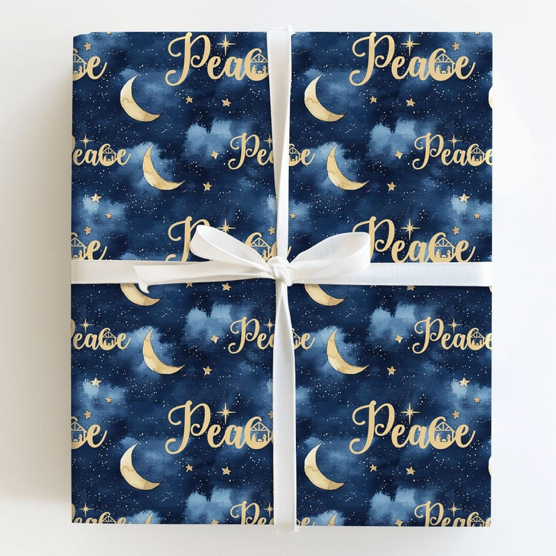 Gold Moon Stars Christmas Gift Wrap, Nativity Peace Wrapping Paper, Christian Holiday Paper, Dark Blue Religious Gift Wrapping Paper Roll