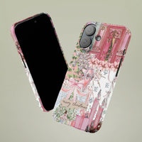 iPhone Tough Phone Cover, Pink Christmas Phone Case, Watercolor Holiday Tree Phone Case, Coquette Christmas Bow Phone Case Xmas Present for Her