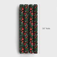 Pine Bough Holiday Gift Wrap, Christmas Ornament Wrapping Paper, Dark Green Red Festive Wrapping Paper, Winter Holiday Gift Wrap Roll