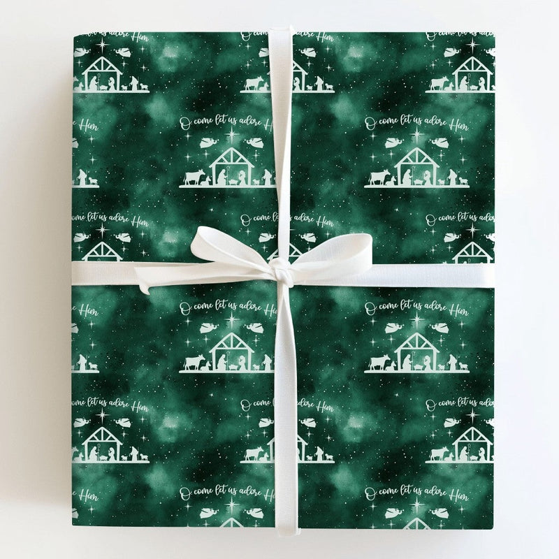 Nativity Scene Christmas Gift Wrap, O Come Let Us Adore Him Wrapping Paper, Christian Holiday Paper, Emerald Green Holy Family Present Wrap