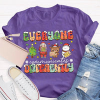 Festive Lights Neurodiversity Tee, Everyone Communicates Differently Christmas Shirt, SPED Teacher Holiday T-Shirt, ASL Xmas Present