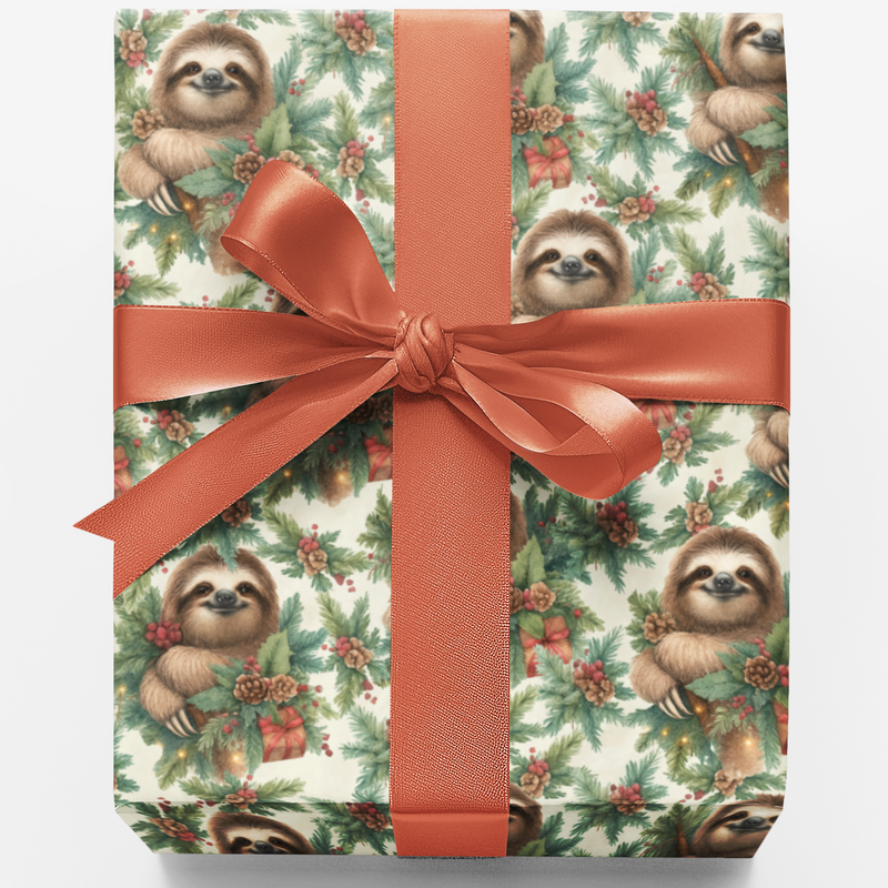 Slow and Mistletoe Holiday Gift Wrap, Adorable Sloth Christmas Wrapping Paper, Humorous Animal Xmas Wrapping Paper, Winter Holiday Gift Wrap Roll