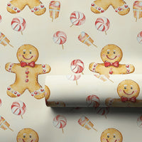 Watercolor Candy Christmas Wrapping Paper, Gingerbread Man Wrapping Paper, Peppermint Sweet Holiday Gift Wrap, Festive Xmas Paper Roll